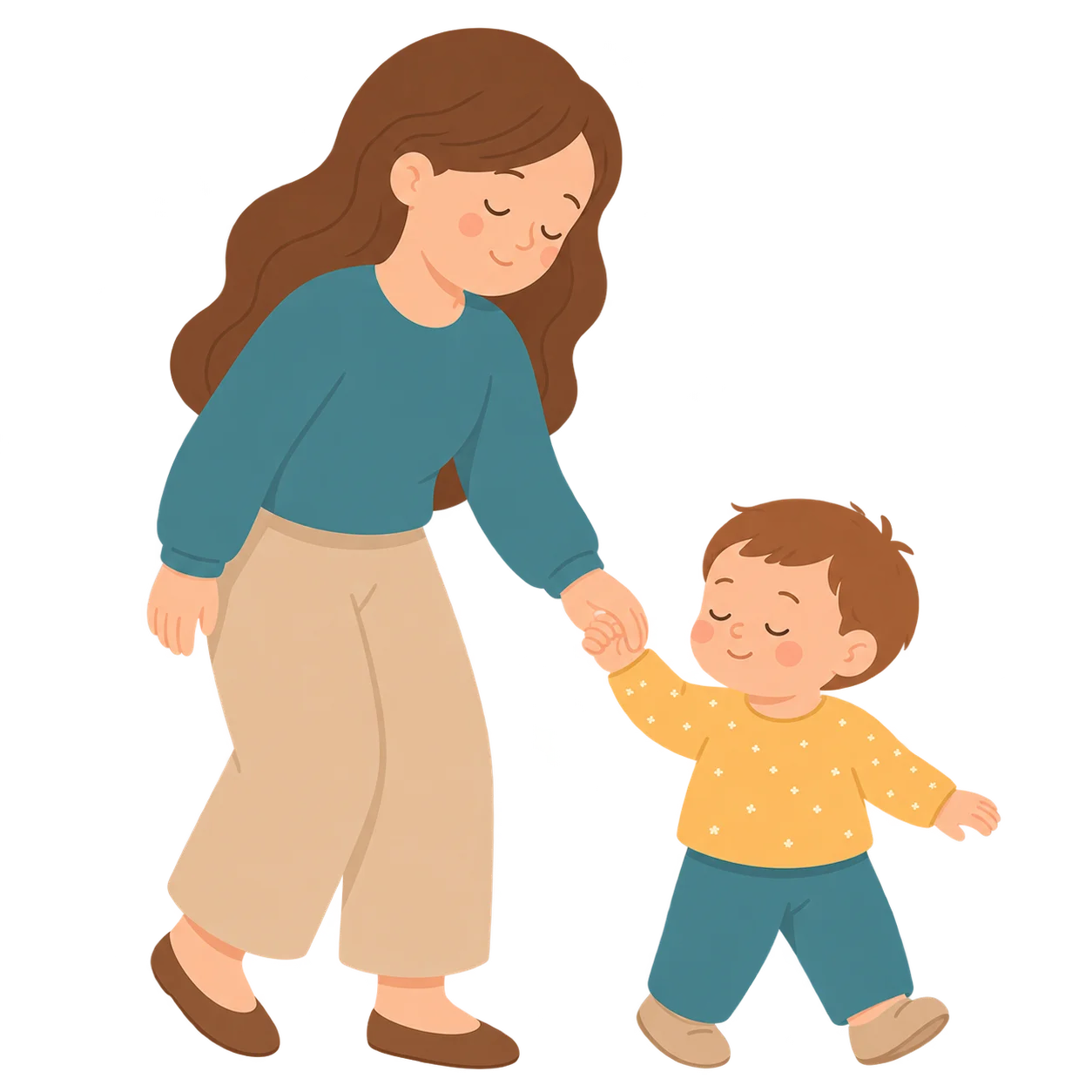 Ilustración de una mamá caminando de la mano con su hijo bajo la luna