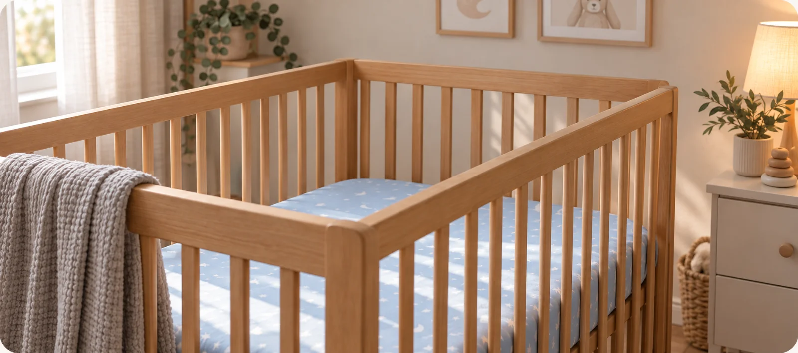 Cuna de madera con sábana clara en una habitación con luz cálida
